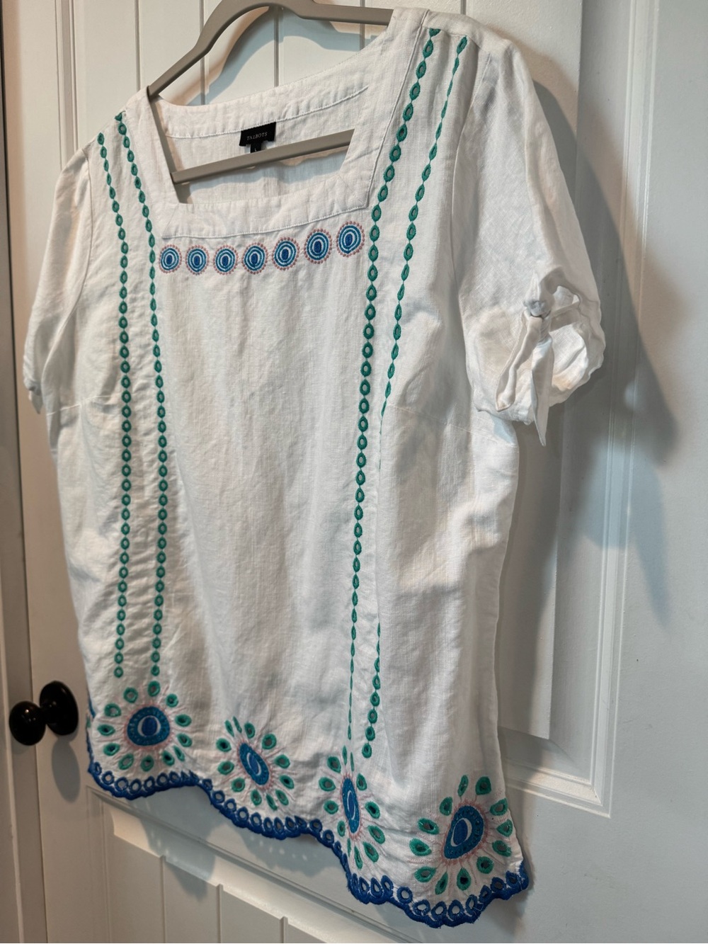 Talbots White Linen and Cotton Embroidered Short-Sleeve Top - Teal & Blue - Picture 2 of 9